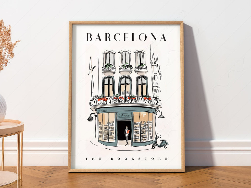 Barcelona Bookstore Illustration Print – European City Wall Art Poster