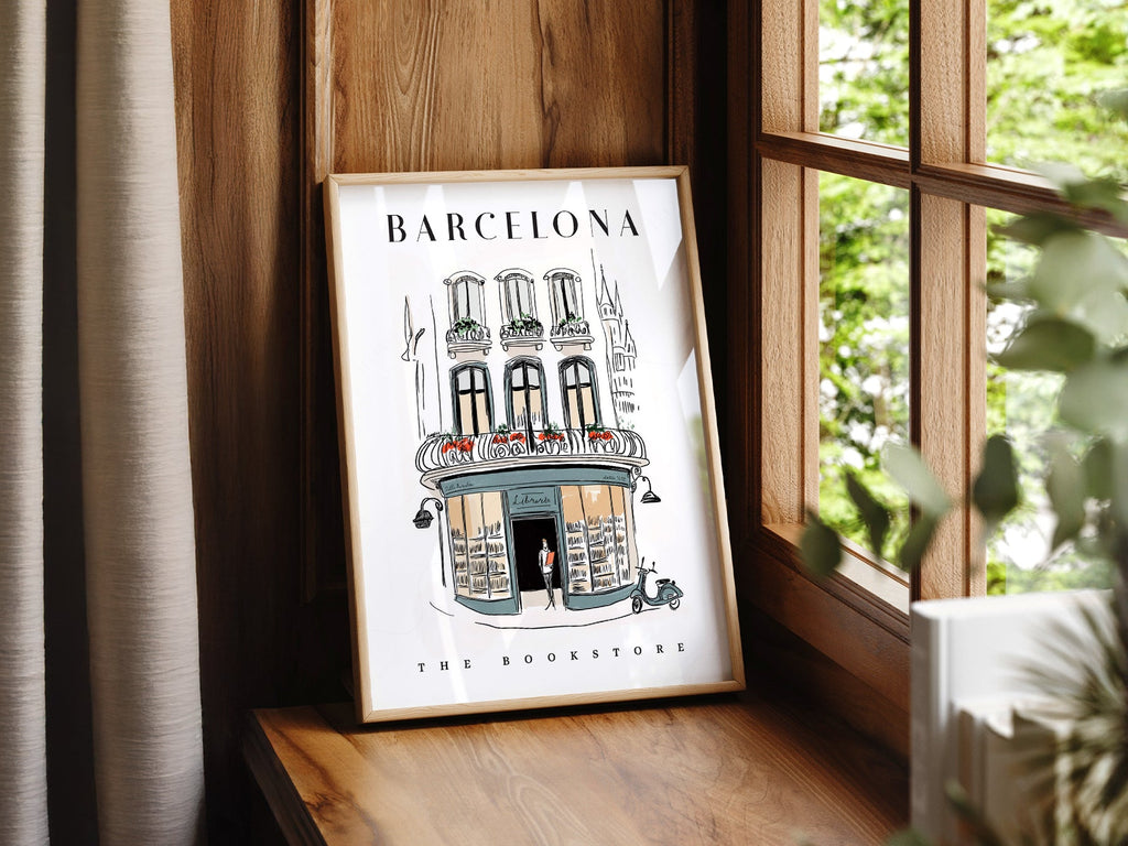 Barcelona Bookstore Illustration Print – European City Wall Art Poster