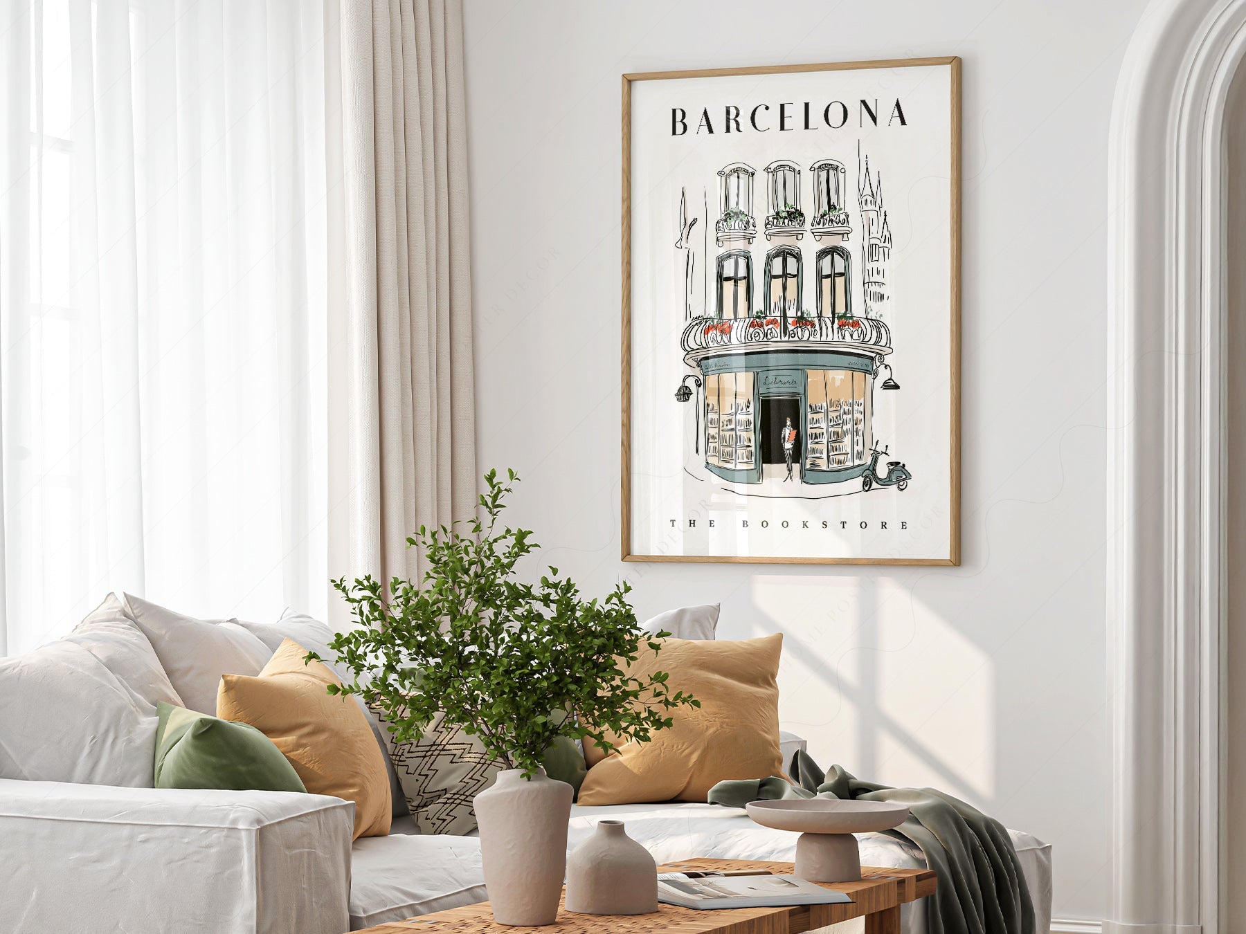 Barcelona Bookstore Illustration Print – European City Wall Art Poster