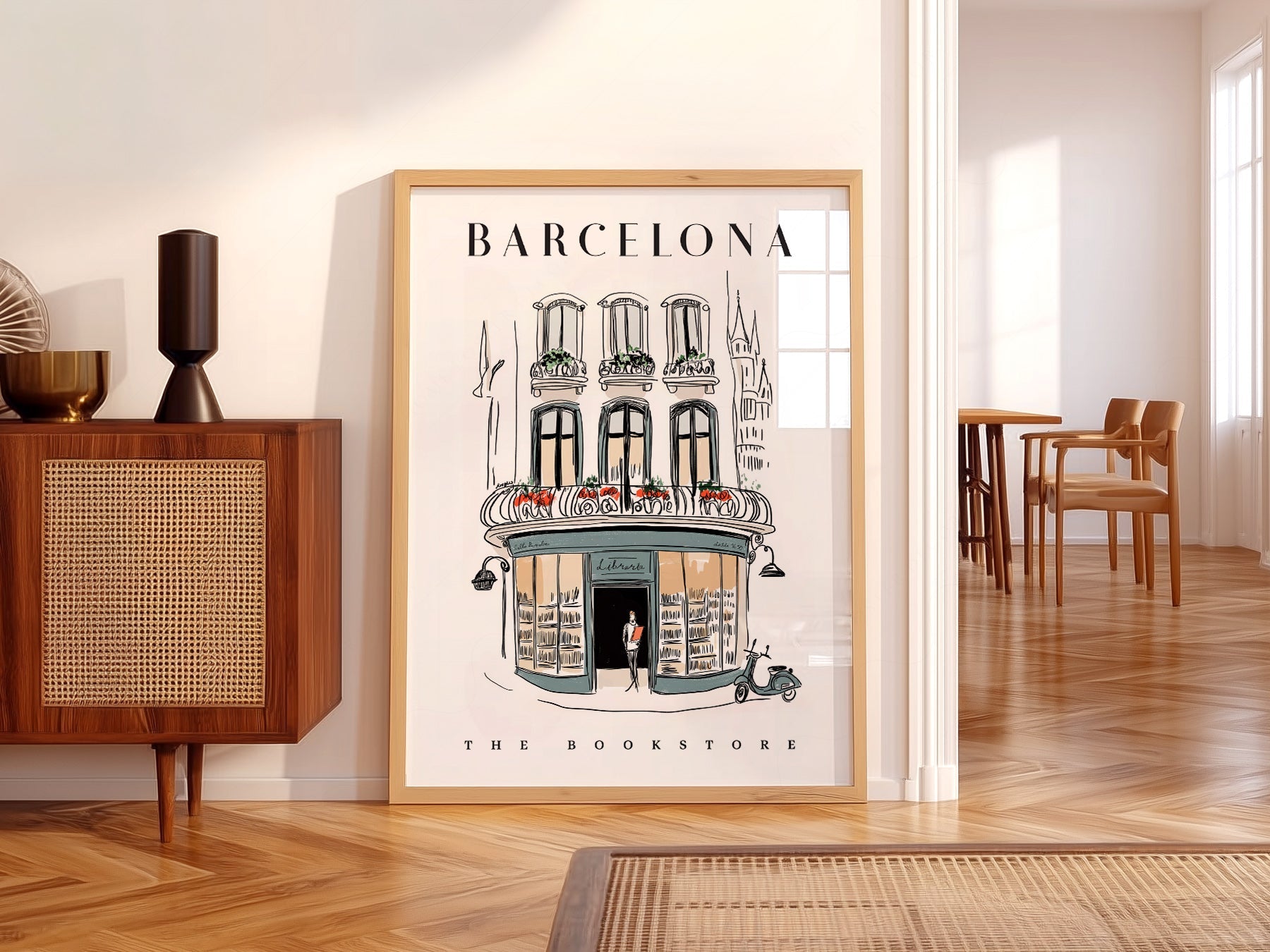 Barcelona Bookstore Illustration Print – European City Wall Art Poster