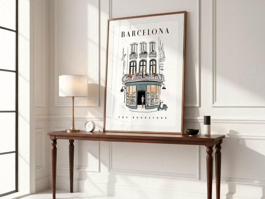 Barcelona Bookstore Illustration Print – European City Wall Art Poster