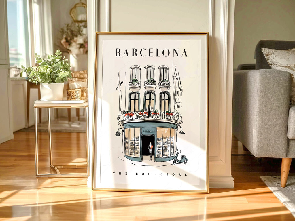 Barcelona Bookstore Illustration Print – European City Wall Art Poster