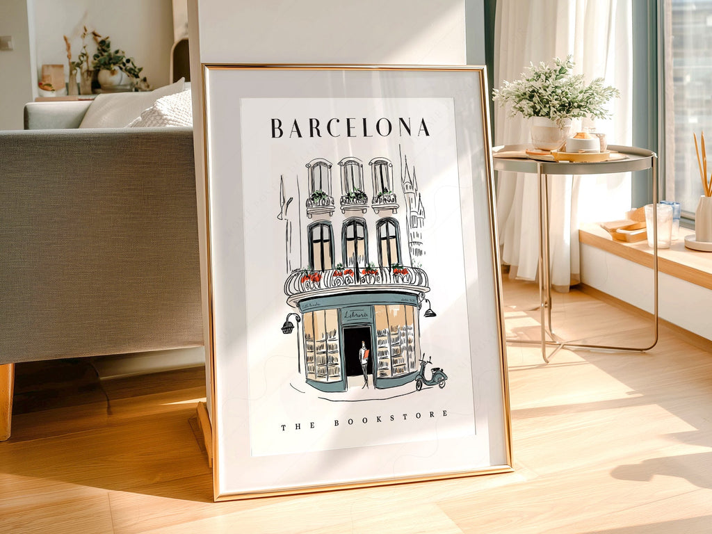 Barcelona Bookstore Illustration Print – European City Wall Art Poster