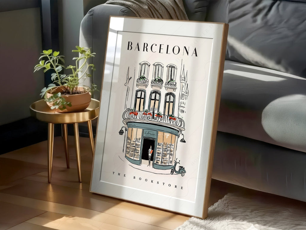 Barcelona Bookstore Illustration Print – European City Wall Art Poster