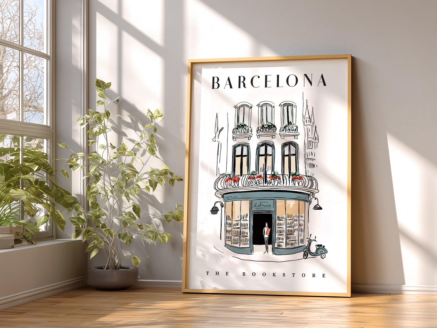Barcelona Bookstore Illustration Print – European City Wall Art Poster