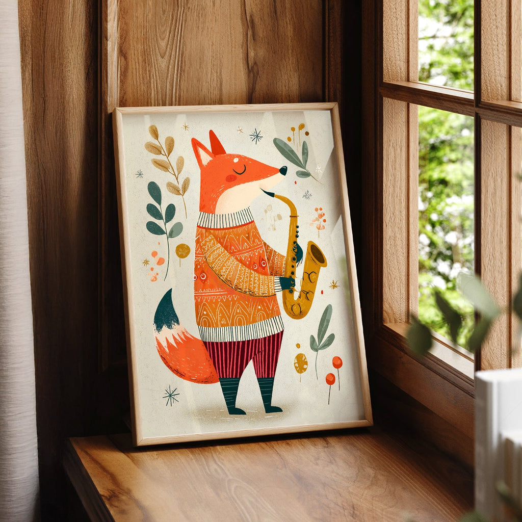 Saxophone Fox Art Print – Whimsical Nursery Wall Art Poster