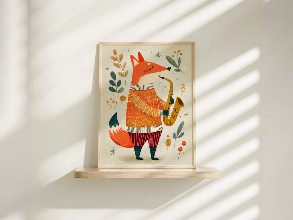 Saxophone Fox Art Print – Whimsical Nursery Wall Art Poster