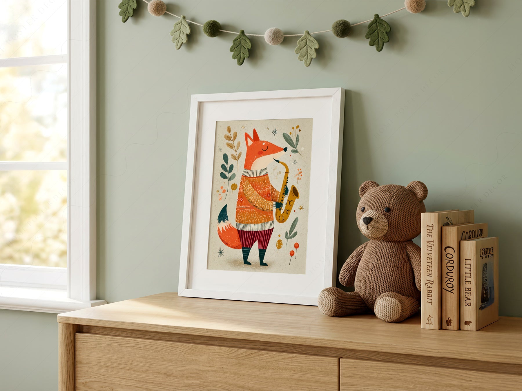 Saxophone Fox Art Print – Whimsical Nursery Wall Art Poster
