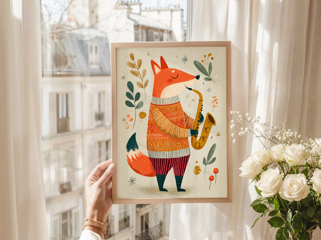 Saxophone Fox Art Print – Whimsical Nursery Wall Art Poster