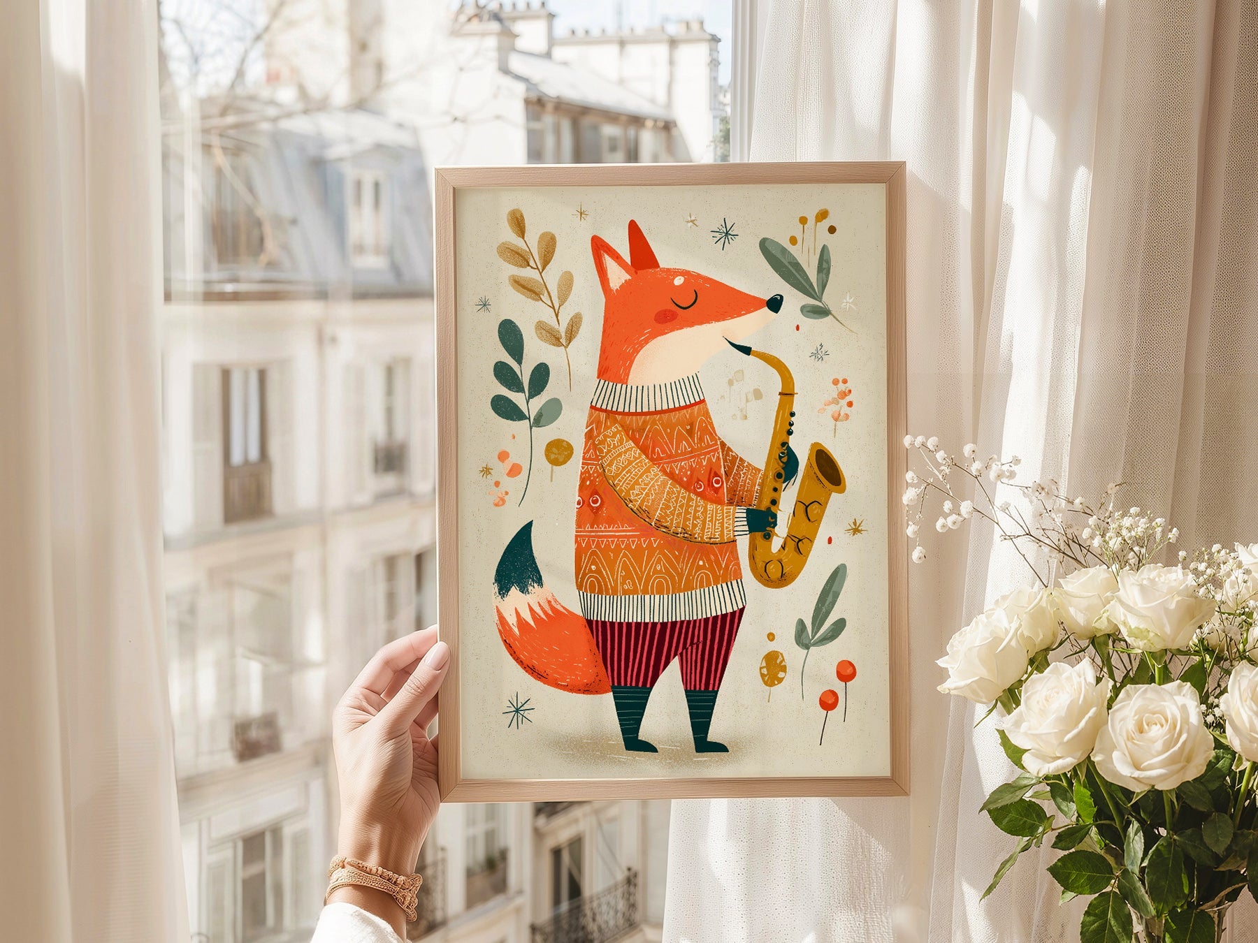Saxophone Fox Art Print – Whimsical Nursery Wall Art Poster