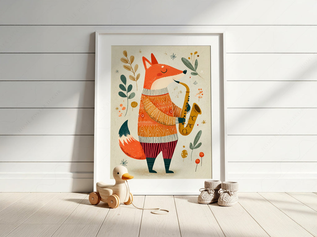 Saxophone Fox Art Print – Whimsical Nursery Wall Art Poster