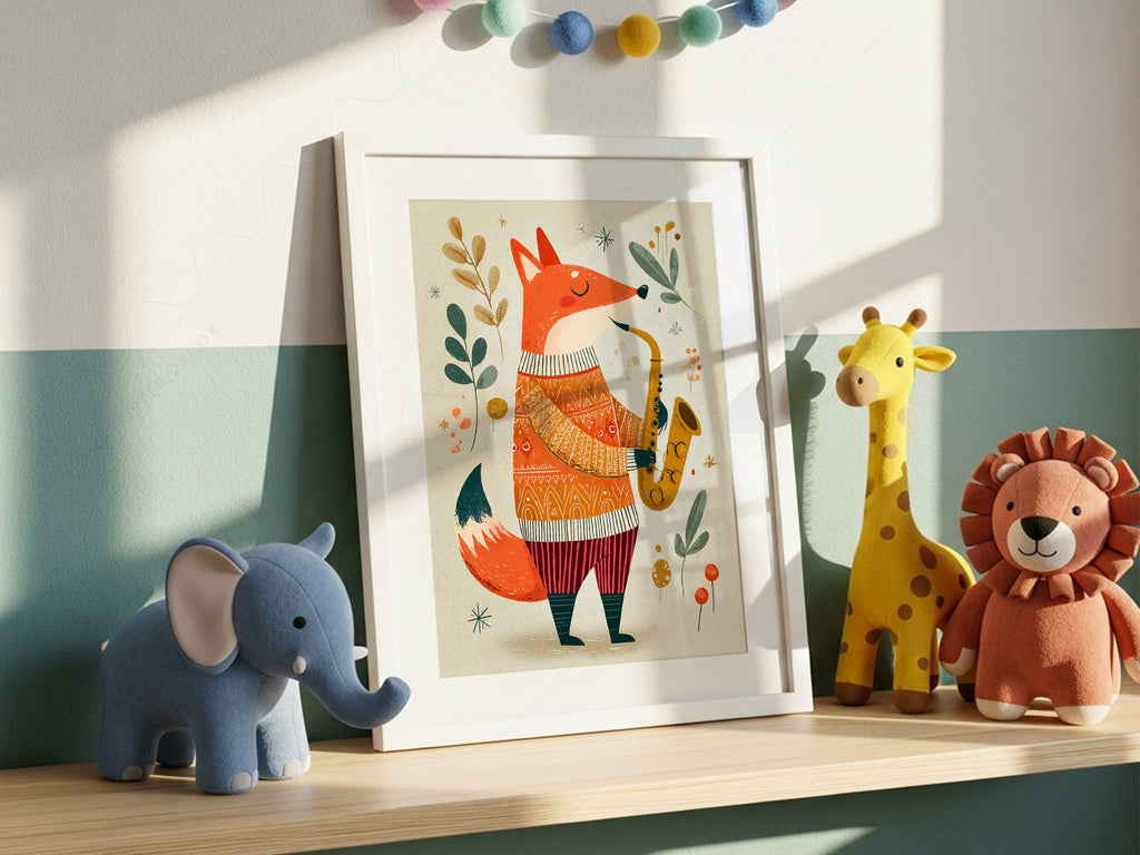 Saxophone Fox Art Print – Whimsical Nursery Wall Art Poster