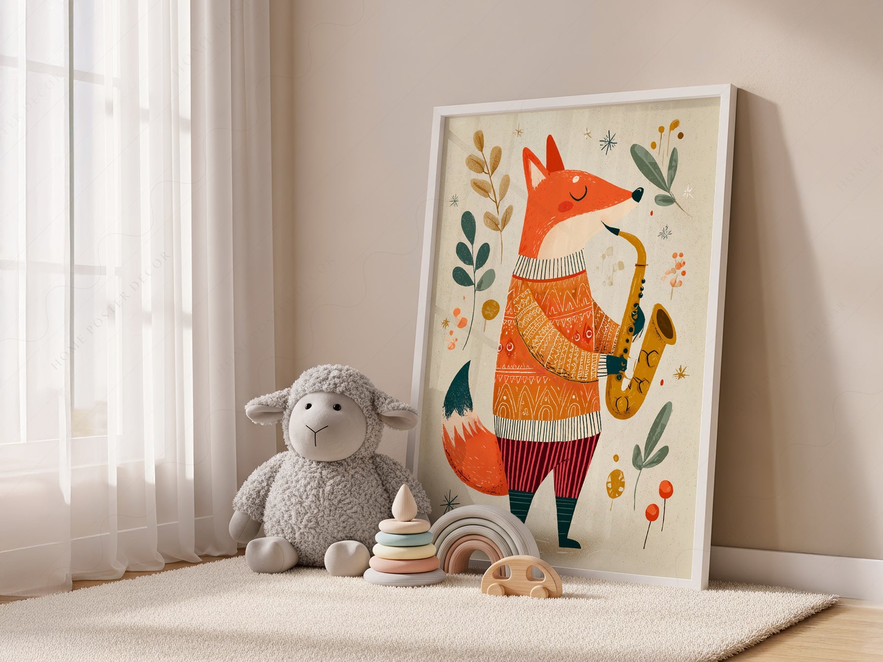 Saxophone Fox Art Print – Whimsical Nursery Wall Art Poster
