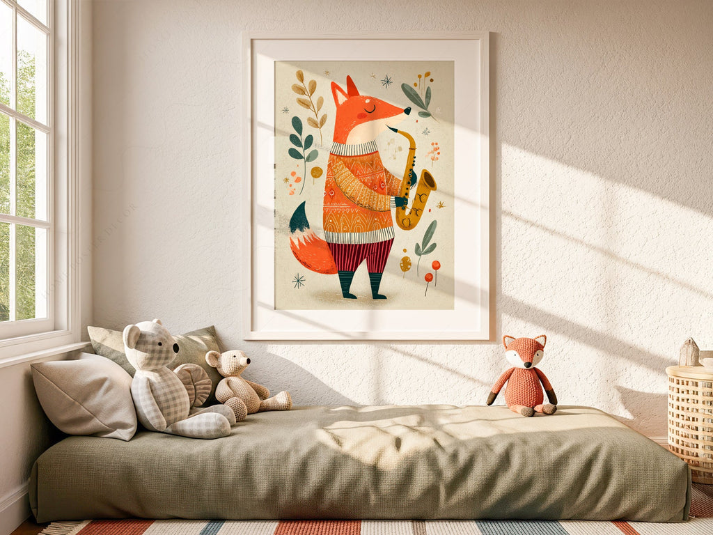 Saxophone Fox Art Print – Whimsical Nursery Wall Art Poster