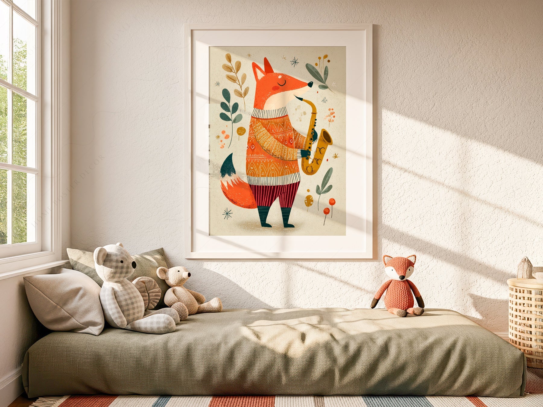 Saxophone Fox Art Print – Whimsical Nursery Wall Art Poster