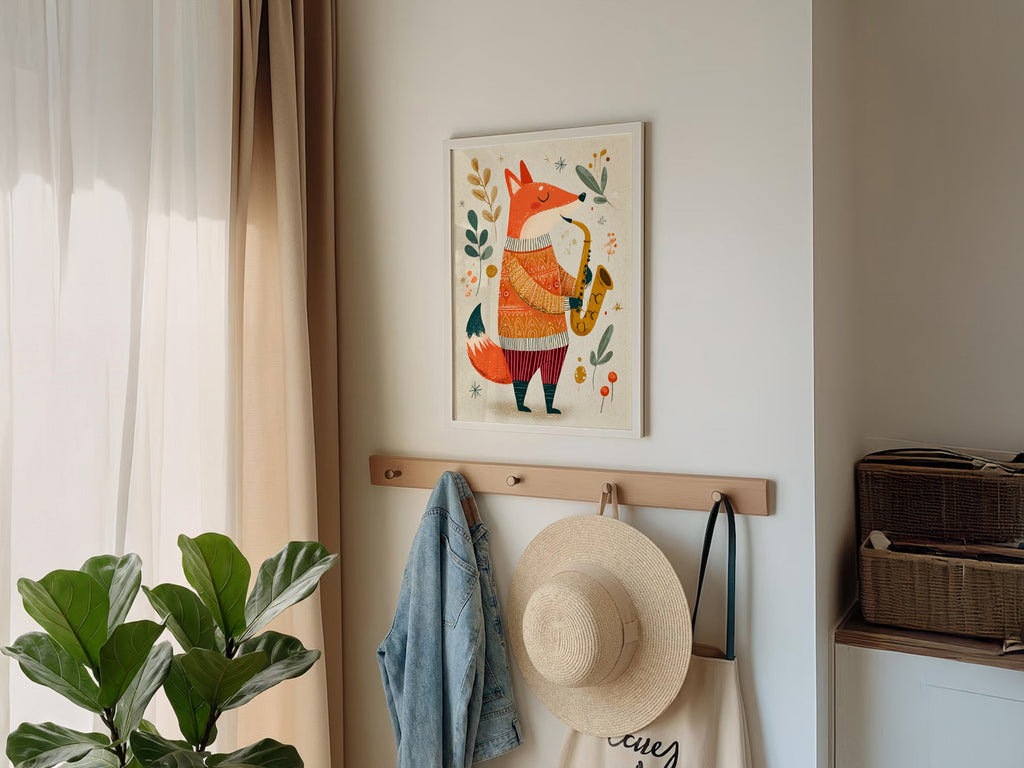 Saxophone Fox Art Print – Whimsical Nursery Wall Art Poster