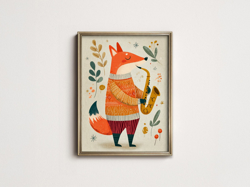Saxophone Fox Art Print – Whimsical Nursery Wall Art Poster