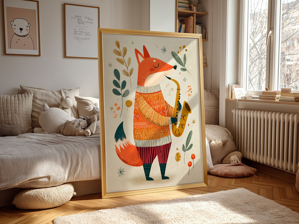 Saxophone Fox Art Print – Whimsical Nursery Wall Art Poster