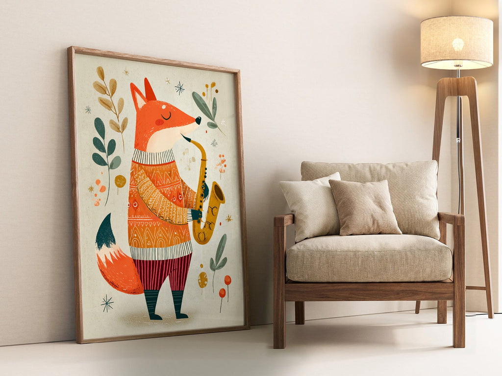 Saxophone Fox Art Print – Whimsical Nursery Wall Art Poster