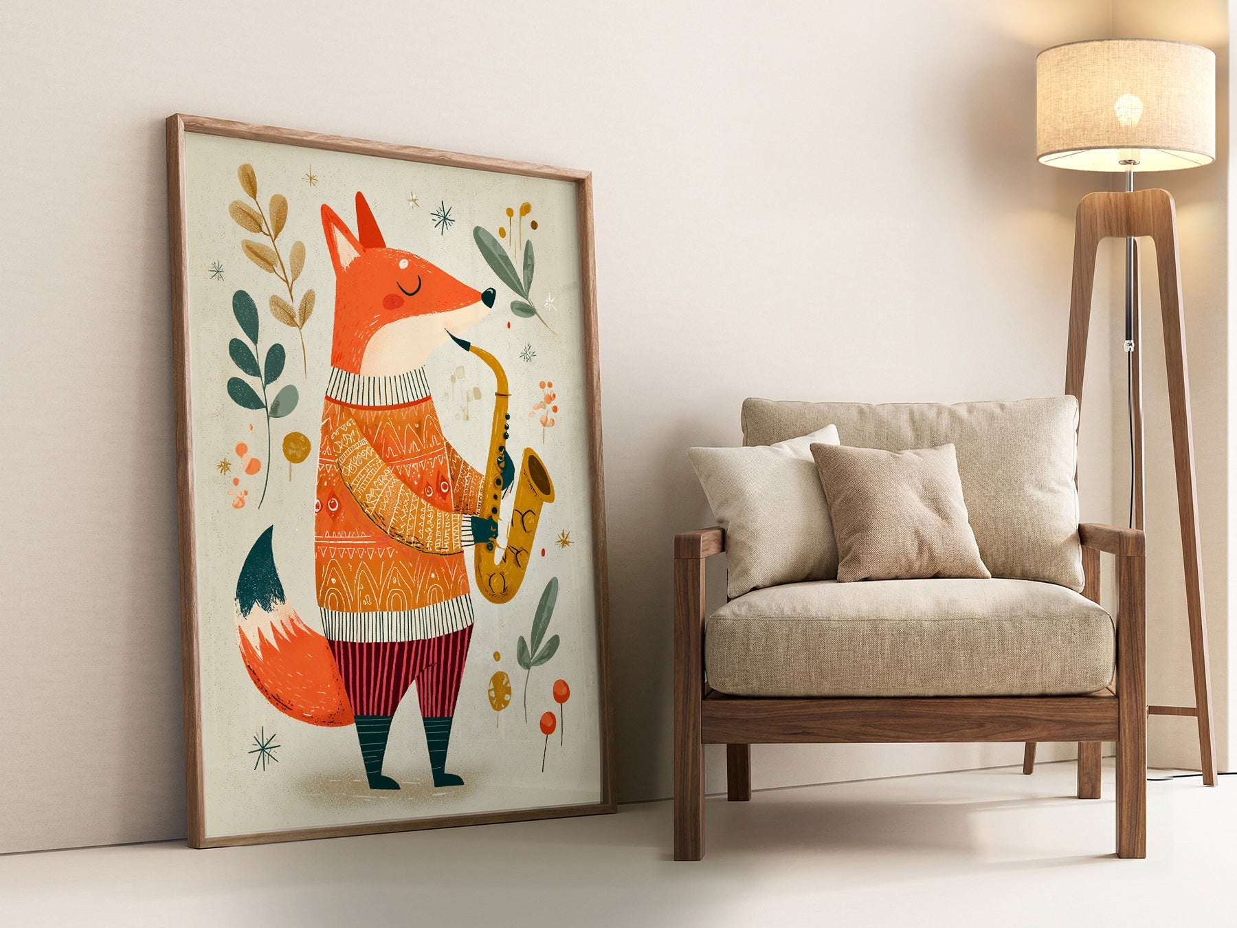 Saxophone Fox Art Print – Whimsical Nursery Wall Art Poster