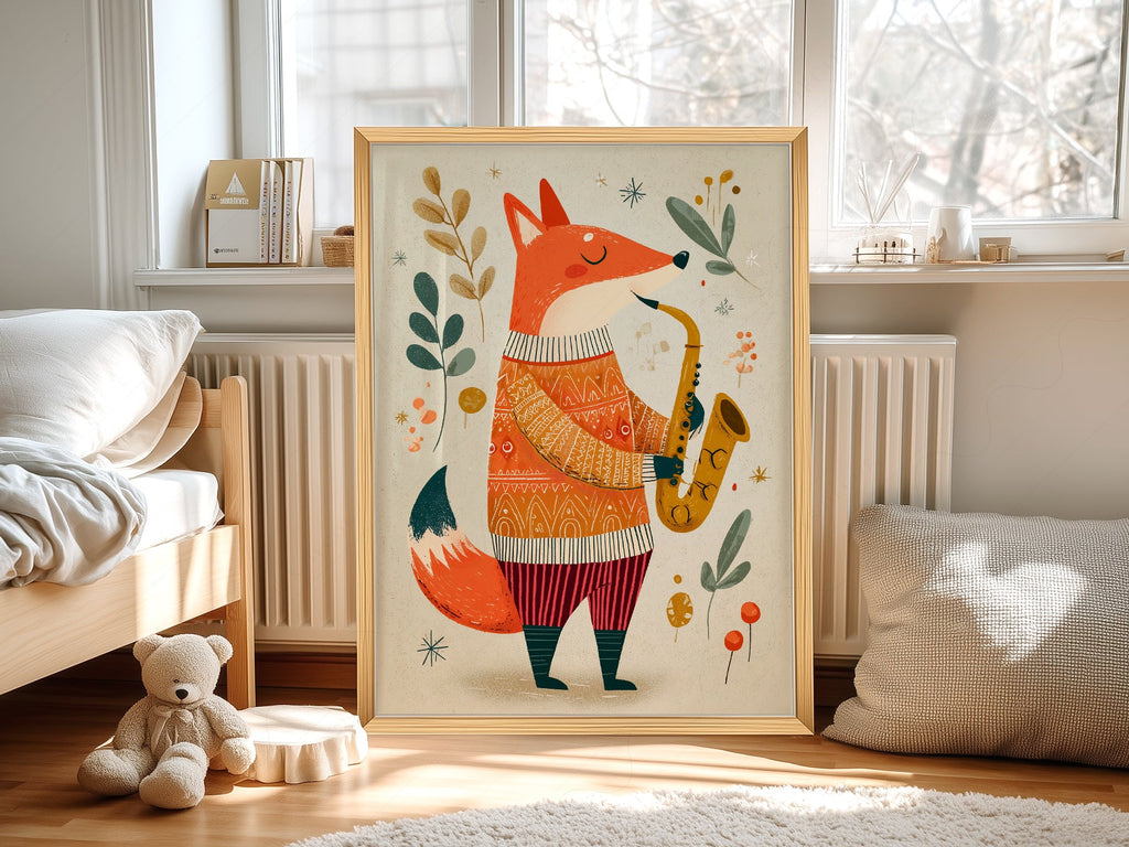 Saxophone Fox Art Print – Whimsical Nursery Wall Art Poster