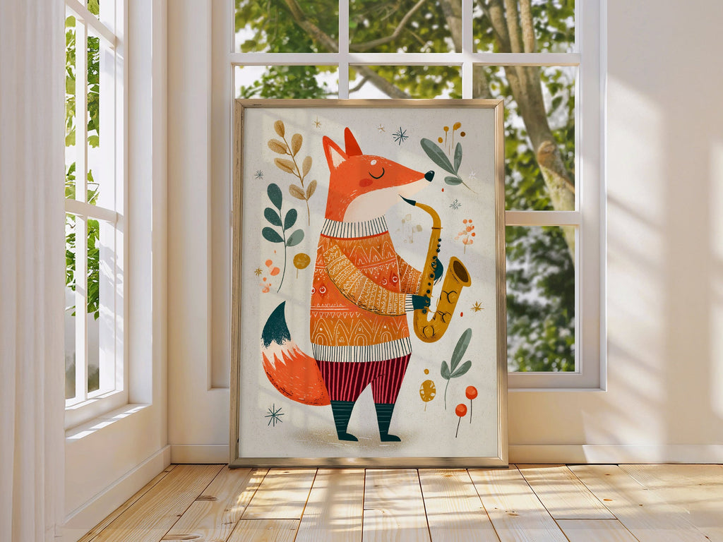 Saxophone Fox Art Print – Whimsical Nursery Wall Art Poster