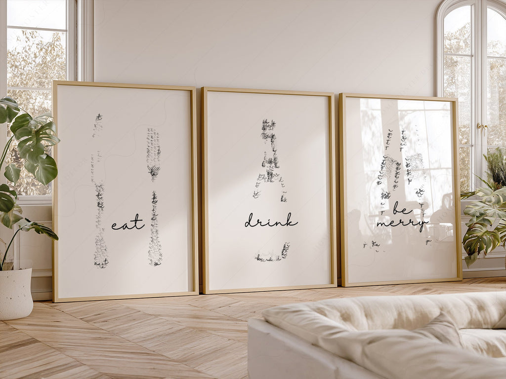 Eat Drink Be Merry Minimalist Print Set – Kitchen Wall Art Decor