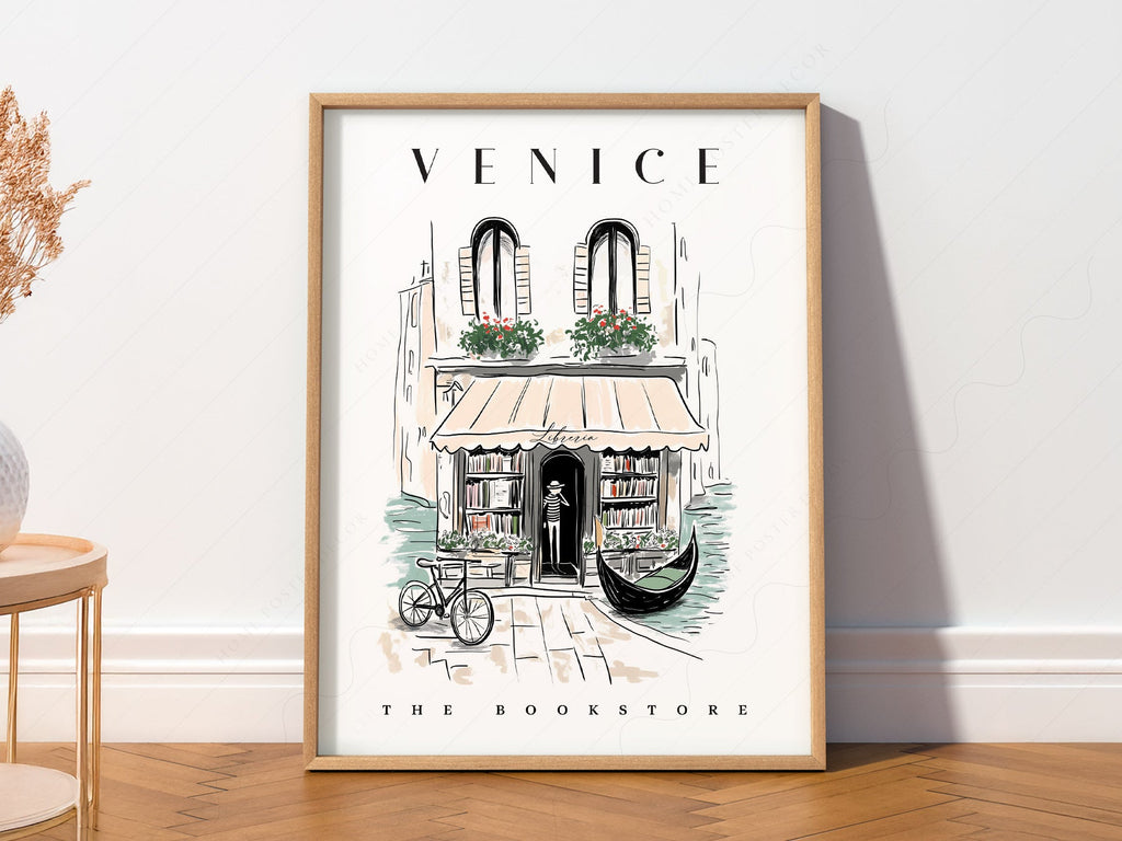 Venice Bookstore Art Print – Italian Travel Poster Wall Decor