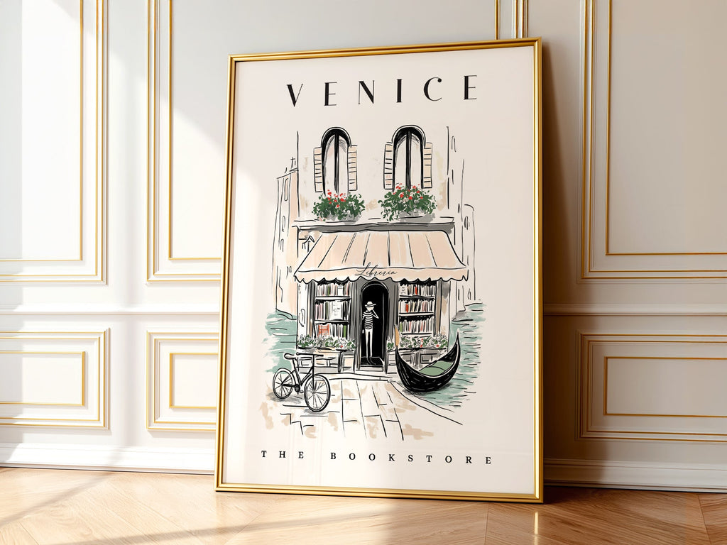 Venice Bookstore Art Print – Italian Travel Poster Wall Decor