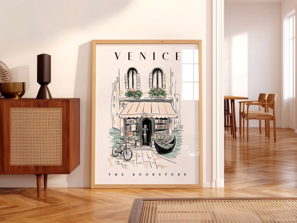 Venice Bookstore Art Print – Italian Travel Poster Wall Decor