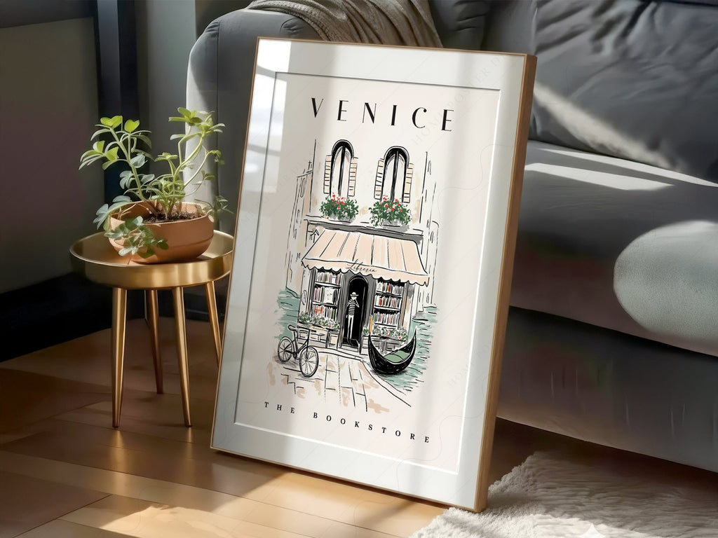 Venice Bookstore Art Print – Italian Travel Poster Wall Decor