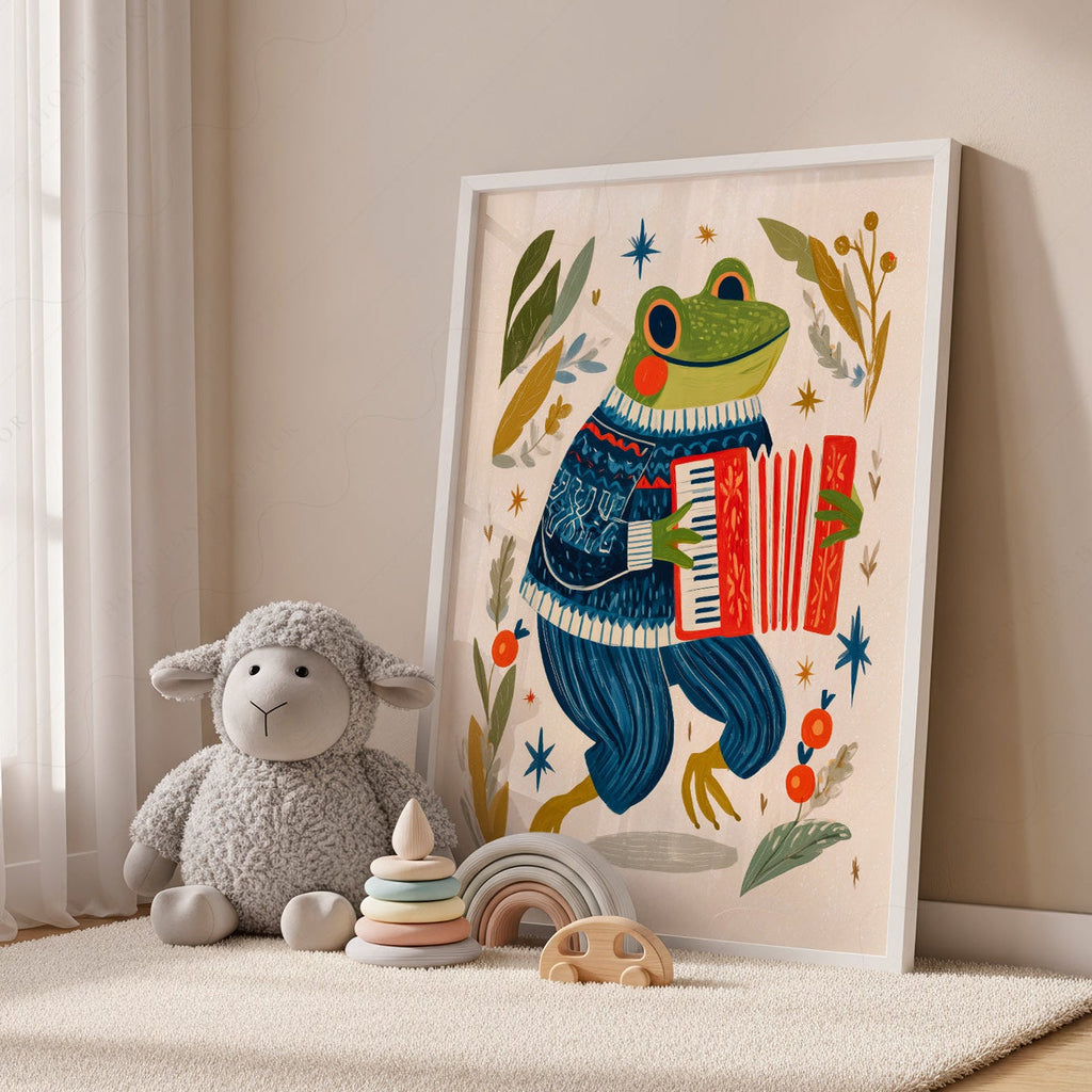 Accordion Frog Nursery Art Print – Whimsical Kids Room Wall Decor