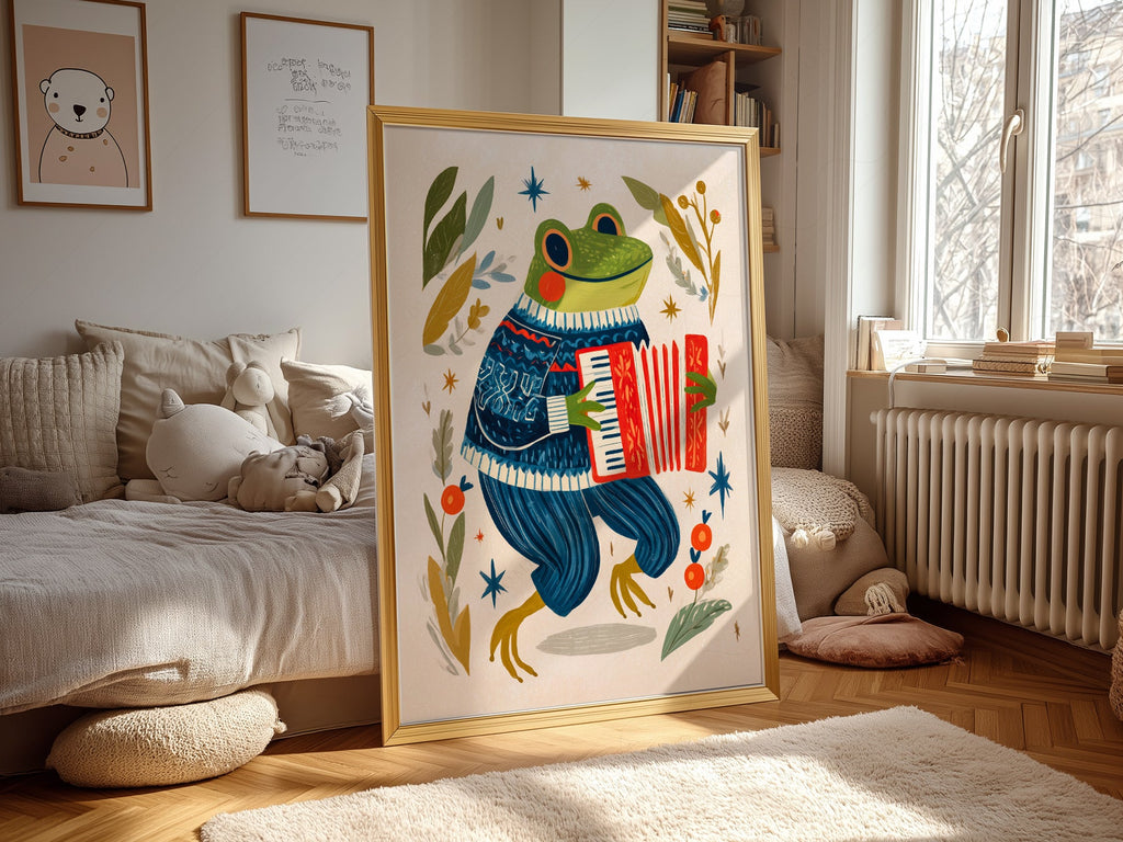 Accordion Frog Nursery Art Print – Whimsical Kids Room Wall Decor
