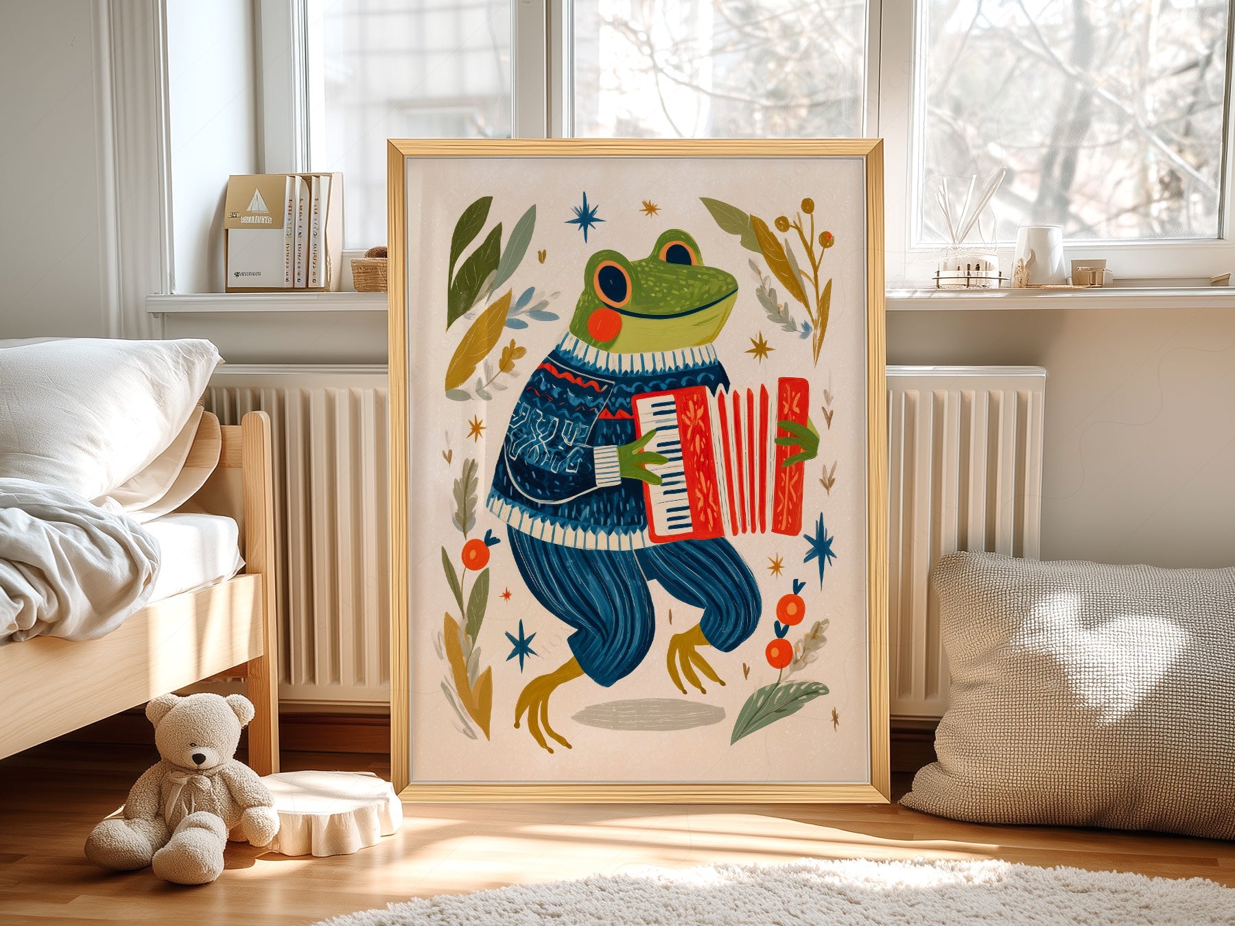 Accordion Frog Nursery Art Print – Whimsical Kids Room Wall Decor
