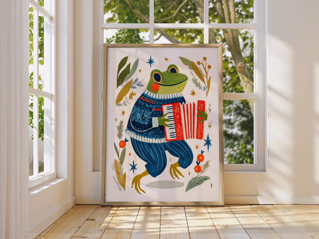 Accordion Frog Nursery Art Print – Whimsical Kids Room Wall Decor