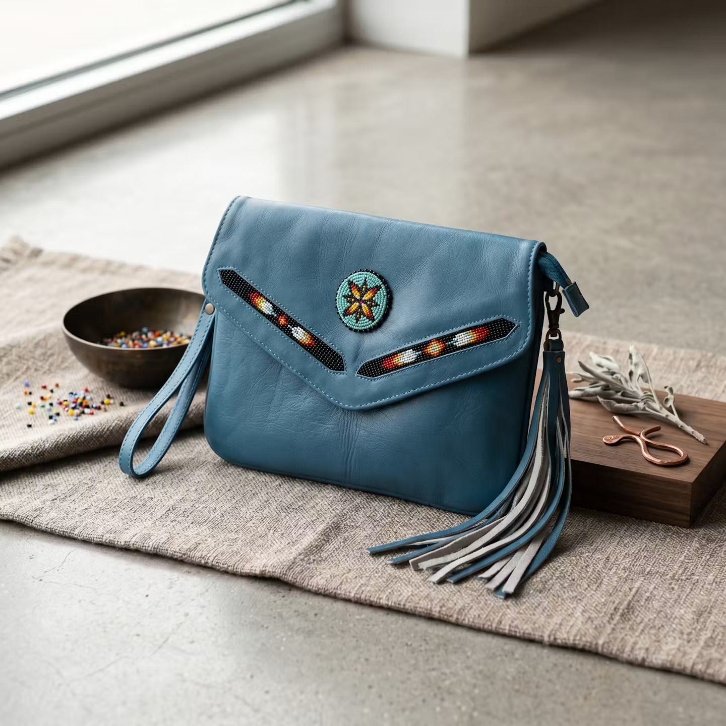 Leather beaded Crossbody bag(Turquoise )