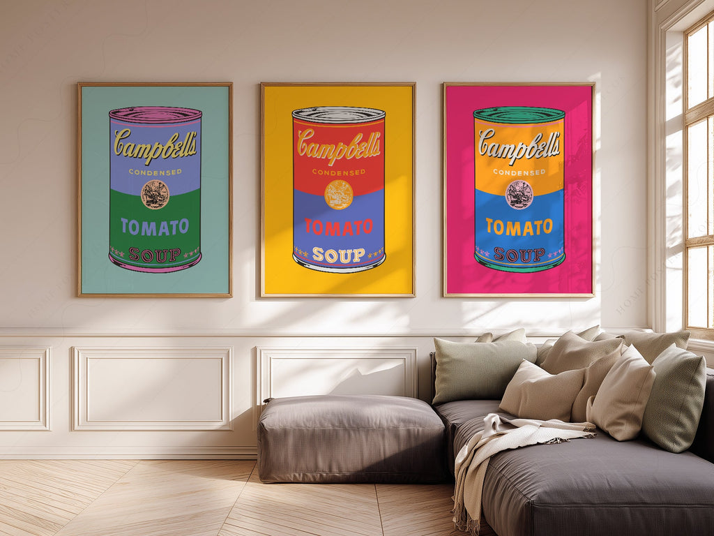 Pop Art Tomato Soup Print Set of 3 – Colorful Retro Kitchen Wall Art