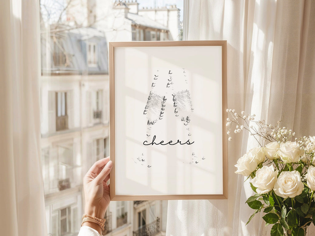 Cheers Champagne Typography Print – Minimalist Bar Cart Wall Art Poster