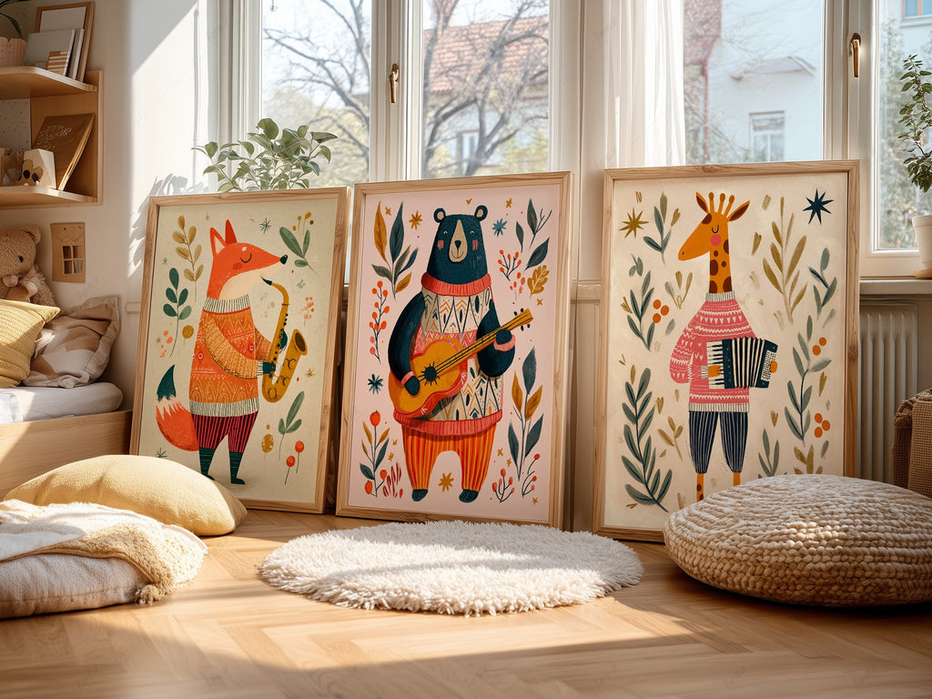Musical Animal Nursery Print Set – Fox Bear Giraffe Kids Wall Art