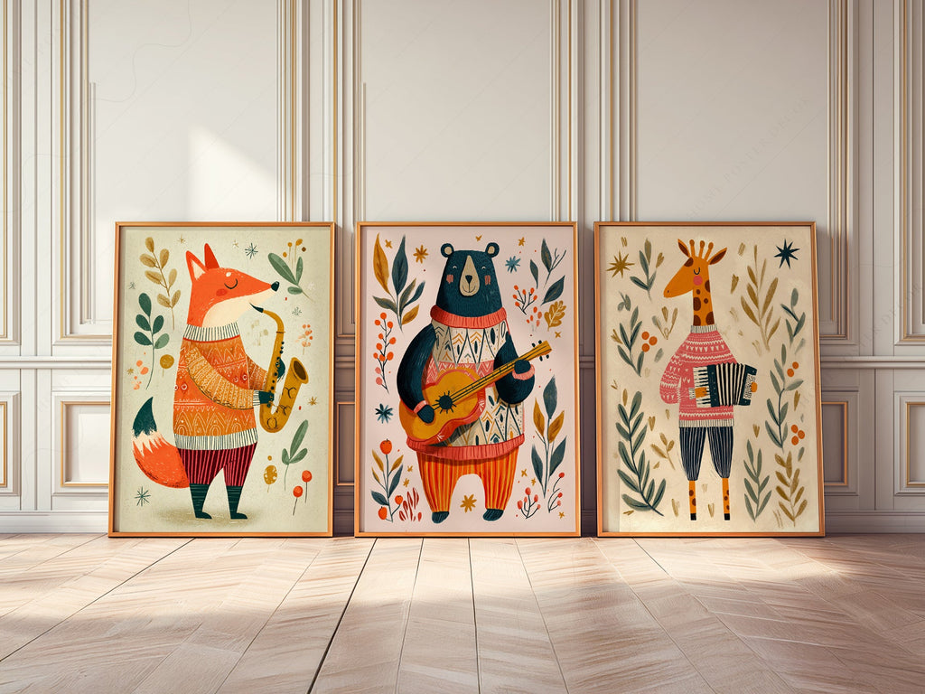 Musical Animal Nursery Print Set – Fox Bear Giraffe Kids Wall Art