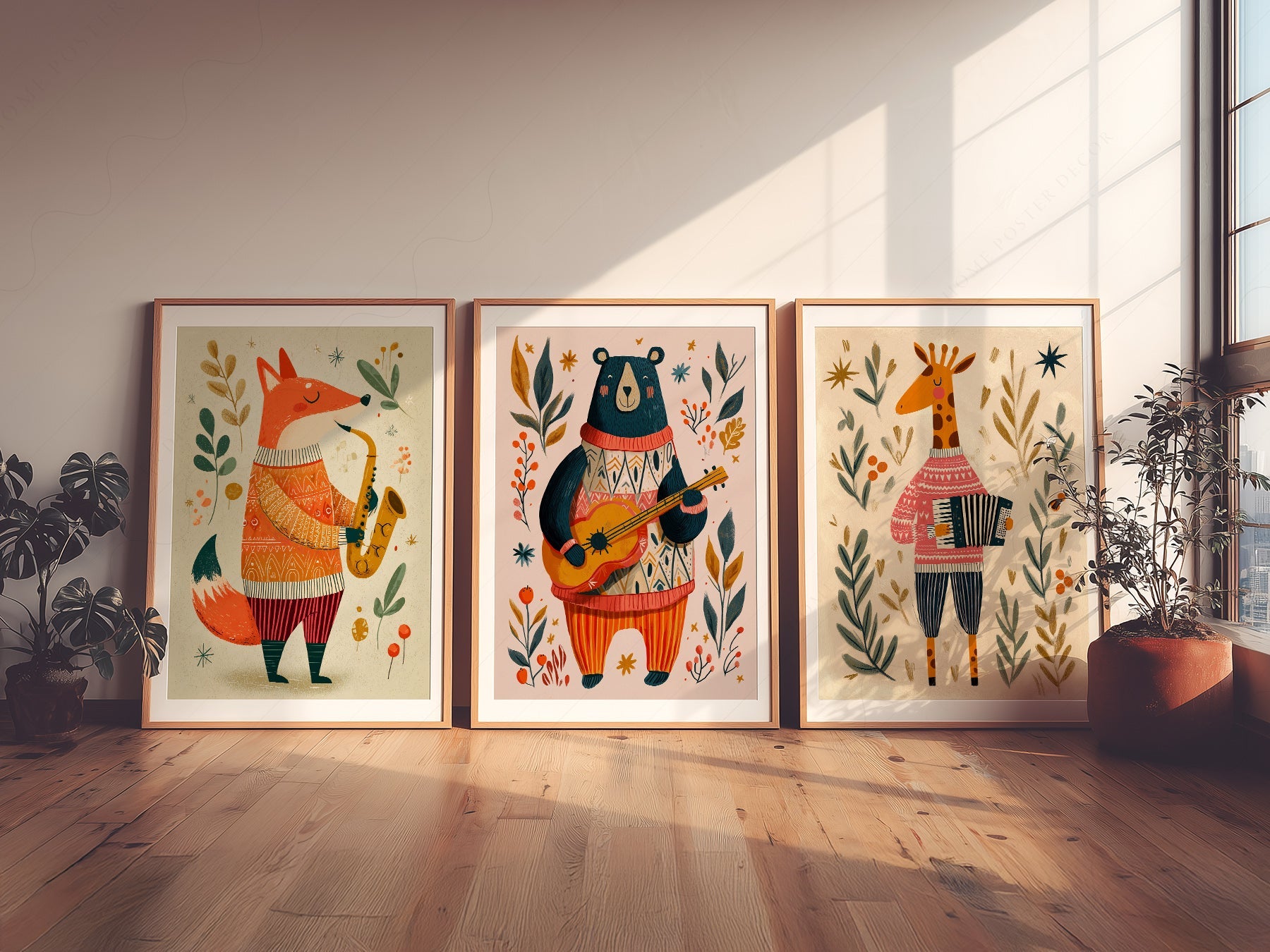 Musical Animal Nursery Print Set – Fox Bear Giraffe Kids Wall Art