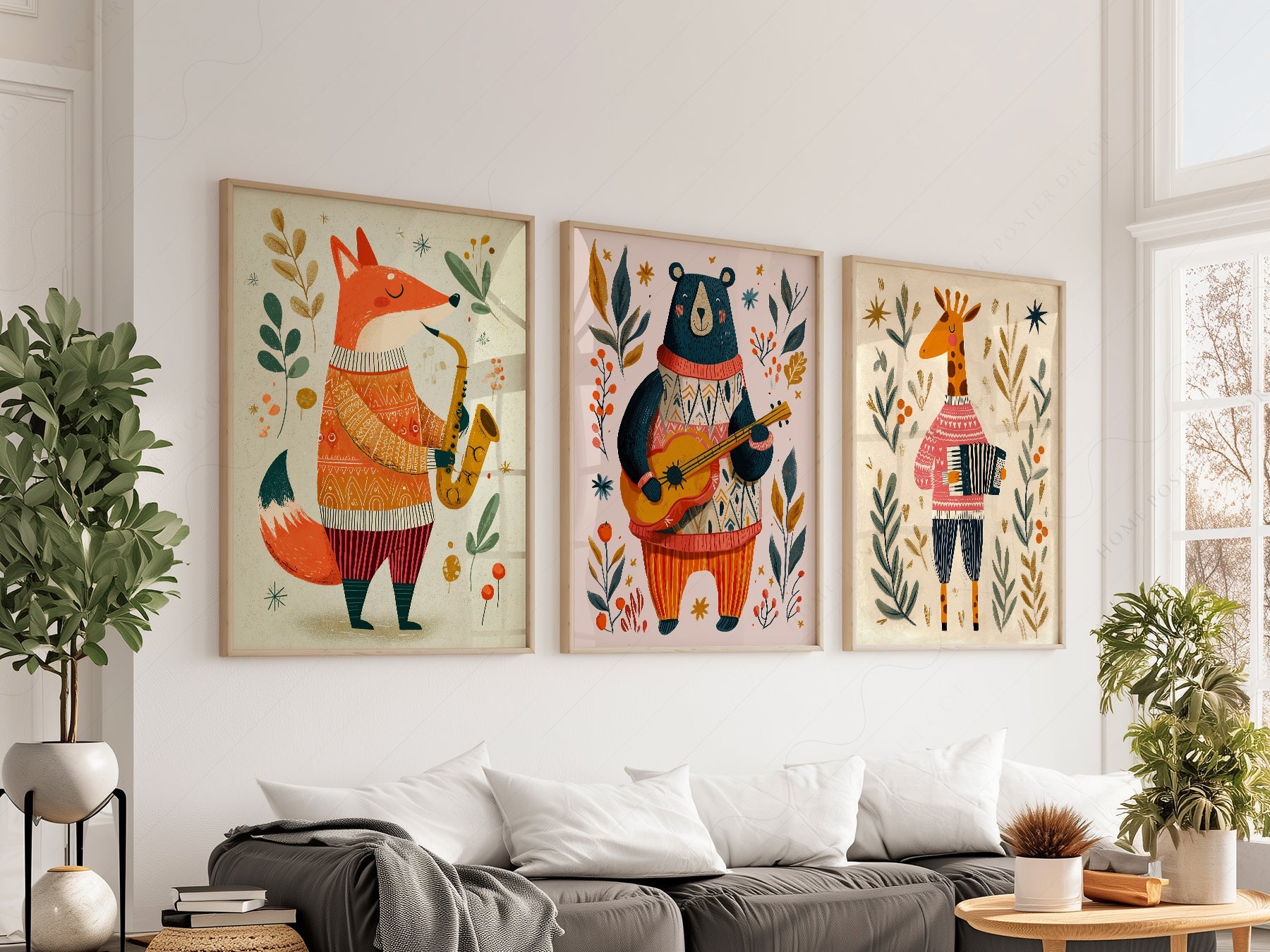 Musical Animal Nursery Print Set – Fox Bear Giraffe Kids Wall Art