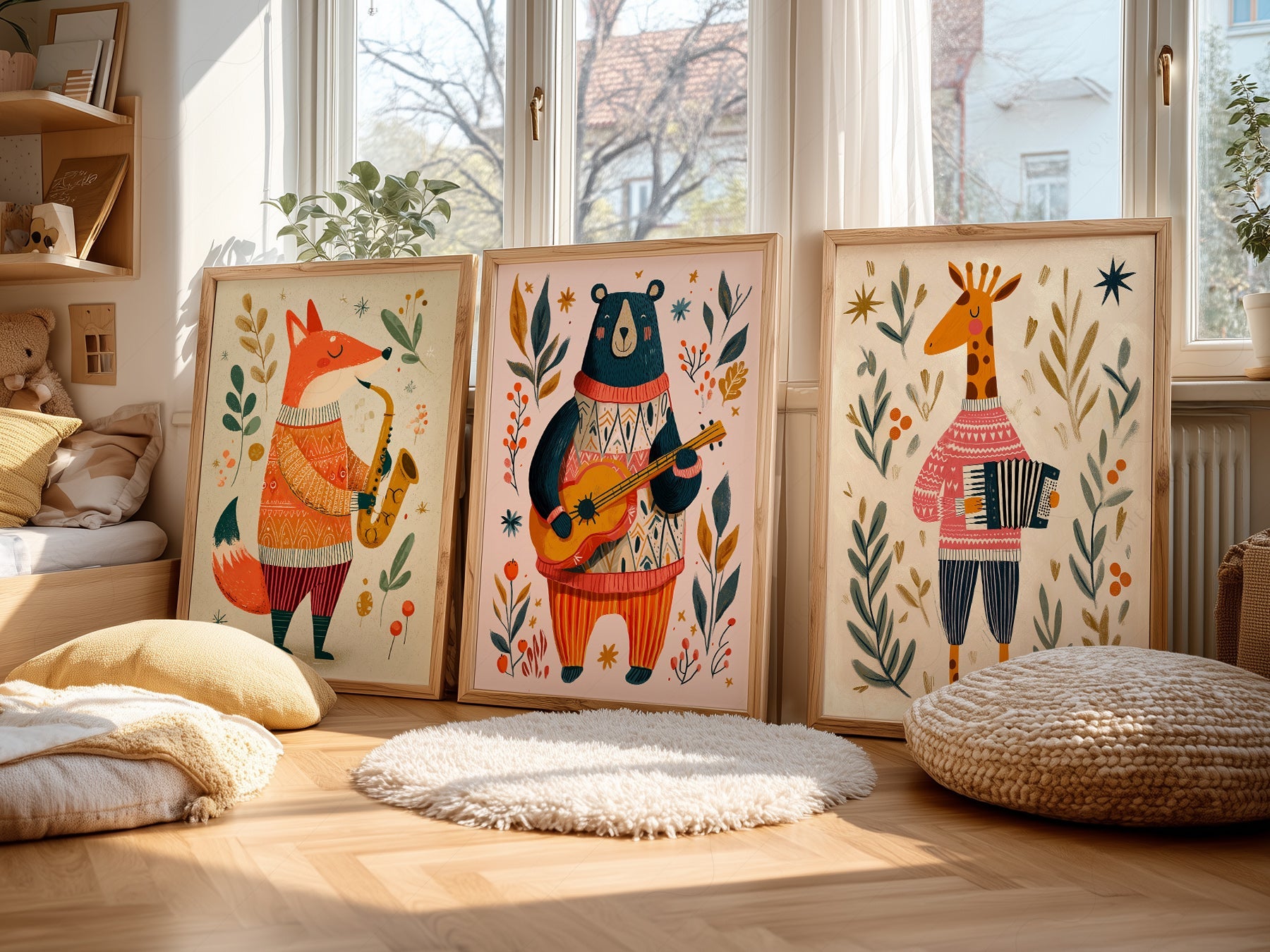 Musical Animal Nursery Print Set – Fox Bear Giraffe Kids Wall Art