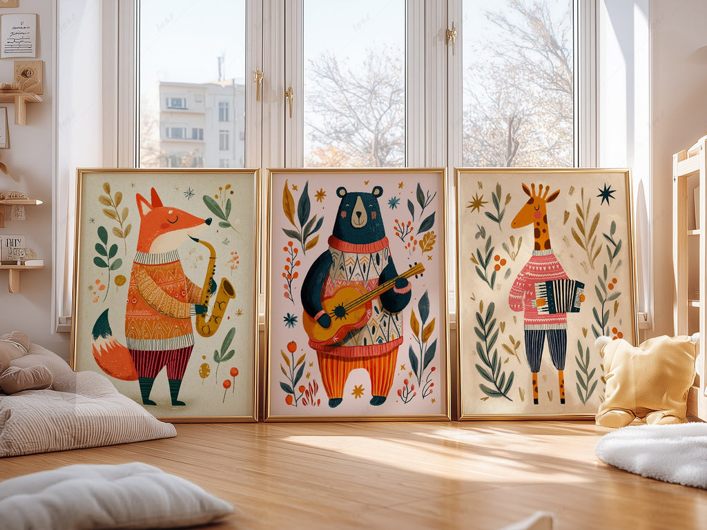 Musical Animal Nursery Print Set – Fox Bear Giraffe Kids Wall Art