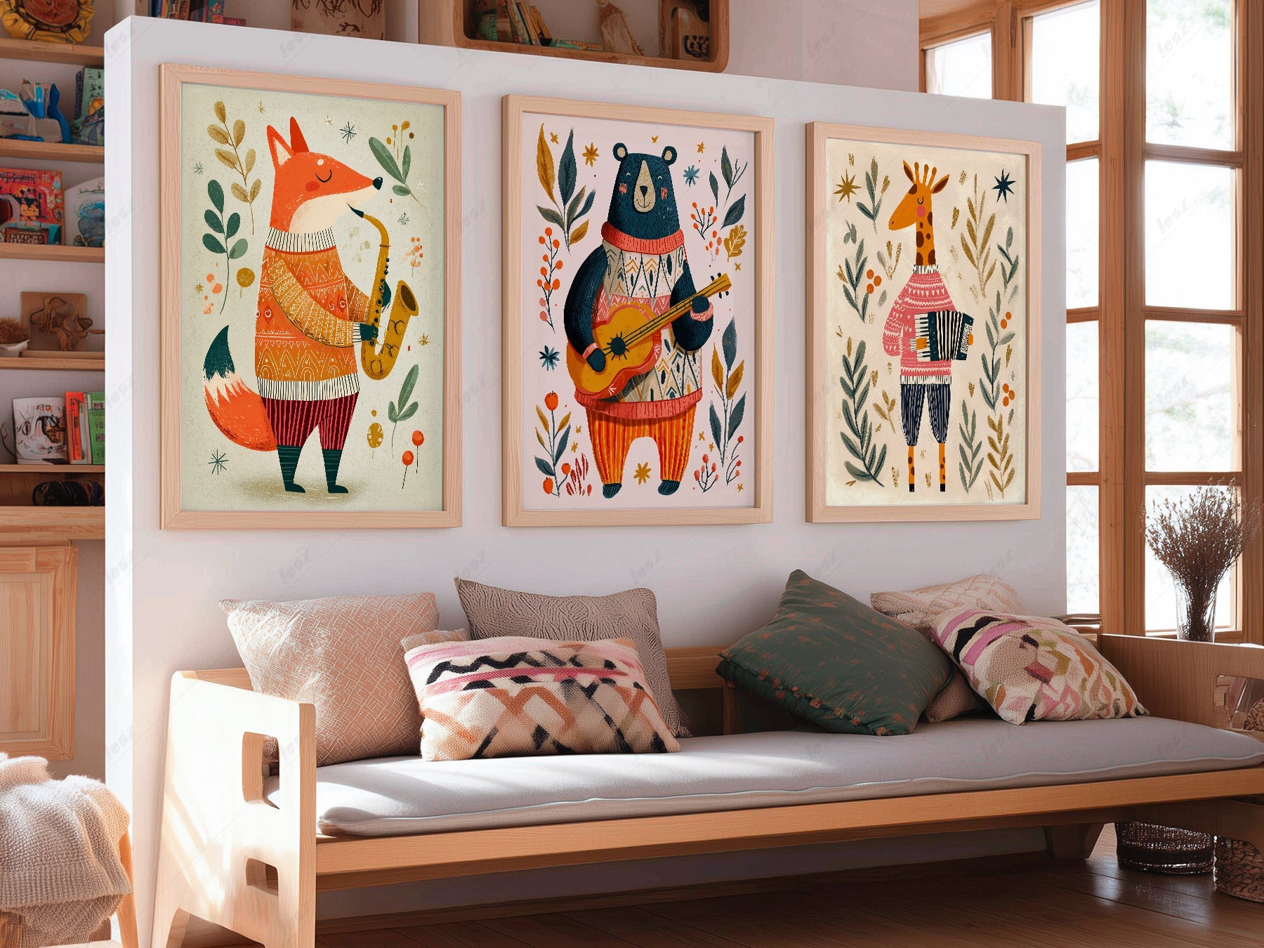 Musical Animal Nursery Print Set – Fox Bear Giraffe Kids Wall Art