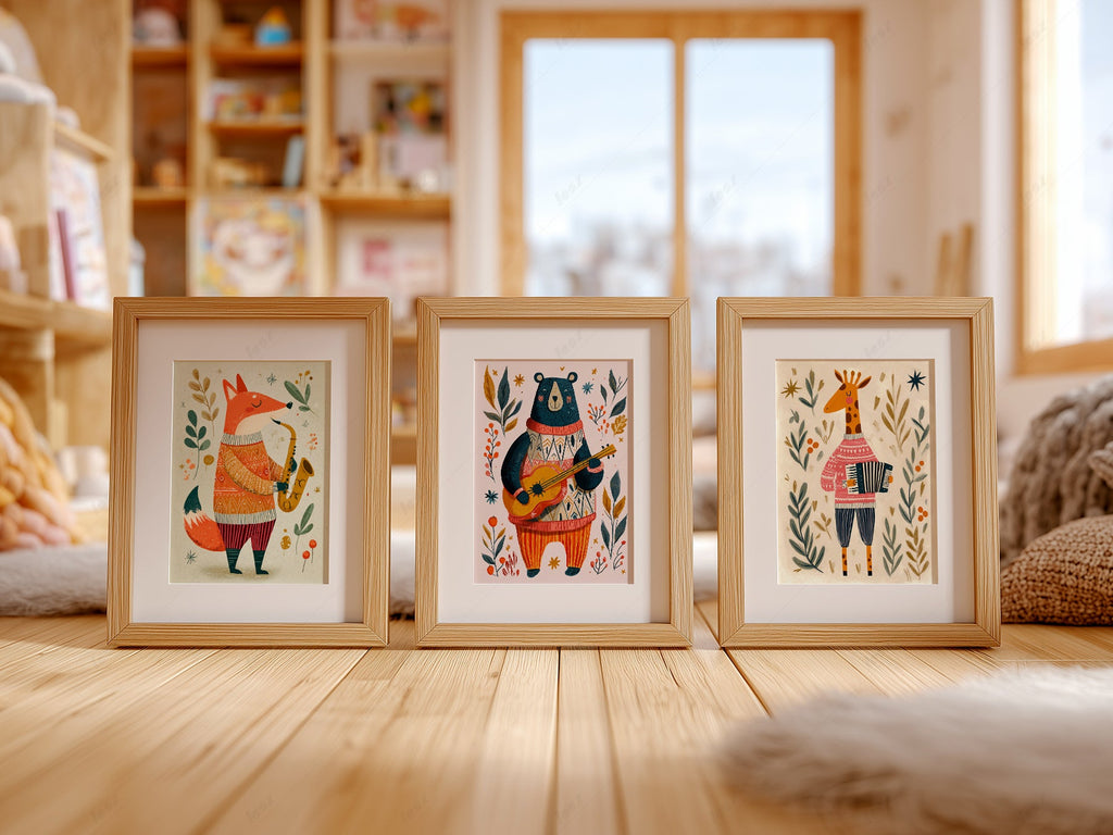 Musical Animal Nursery Print Set – Fox Bear Giraffe Kids Wall Art