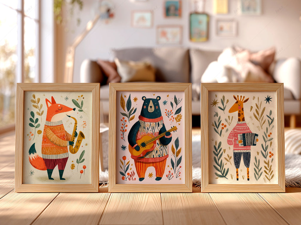 Musical Animal Nursery Print Set – Fox Bear Giraffe Kids Wall Art