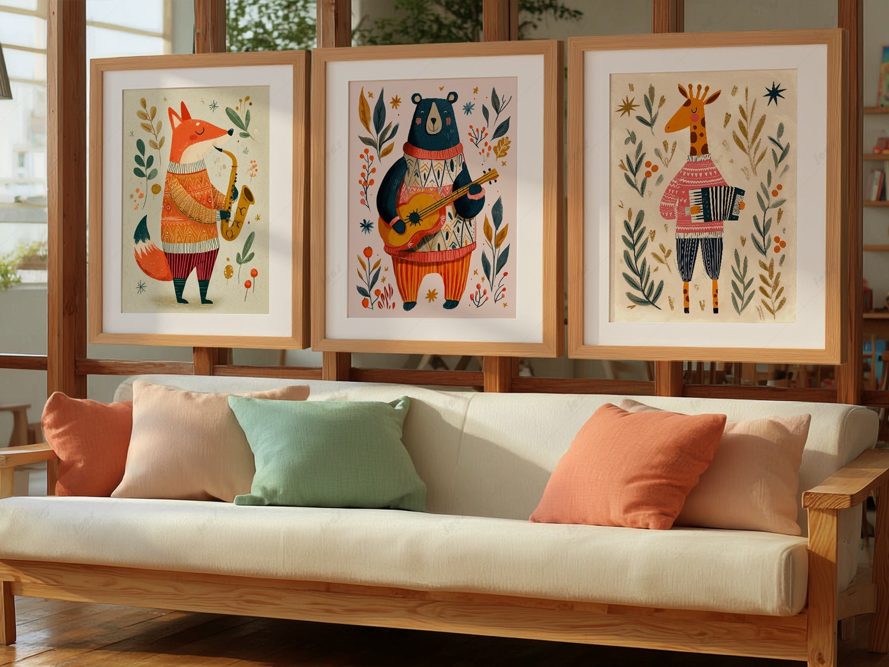 Musical Animal Nursery Print Set – Fox Bear Giraffe Kids Wall Art