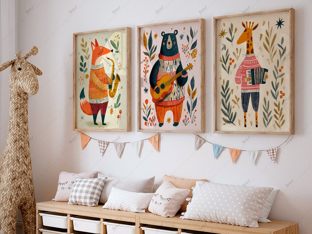 Musical Animal Nursery Print Set – Fox Bear Giraffe Kids Wall Art