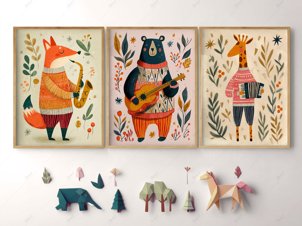 Musical Animal Nursery Print Set – Fox Bear Giraffe Kids Wall Art